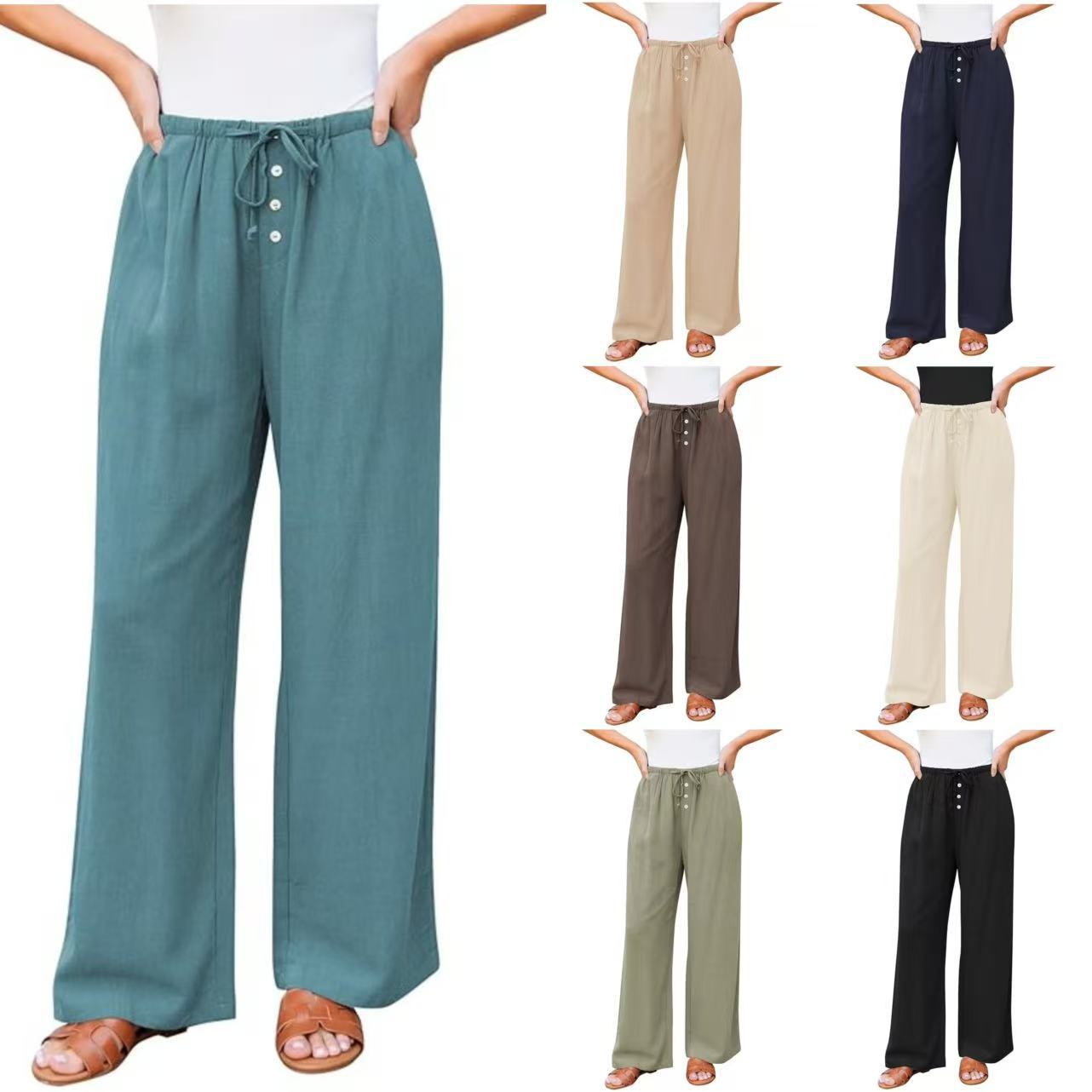 Women's High Waist Comfortable Wide Leg Drawstring Pocket Button Casual Pants