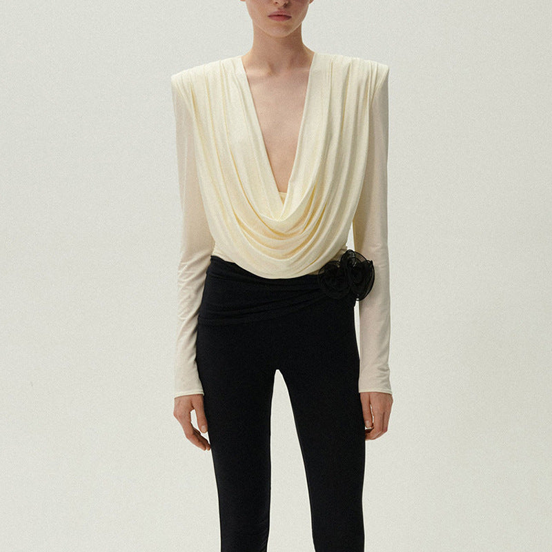 Women's Clothes Summer Fashion Swing Collar Padded Shoulder Pleating Slim Slimming Blouse