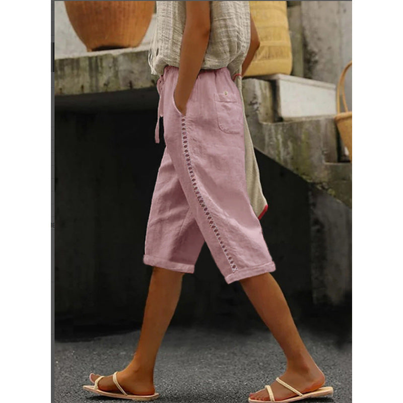 Summer Fashion Woven Cotton Linen Side Lace Hollowed Shorts