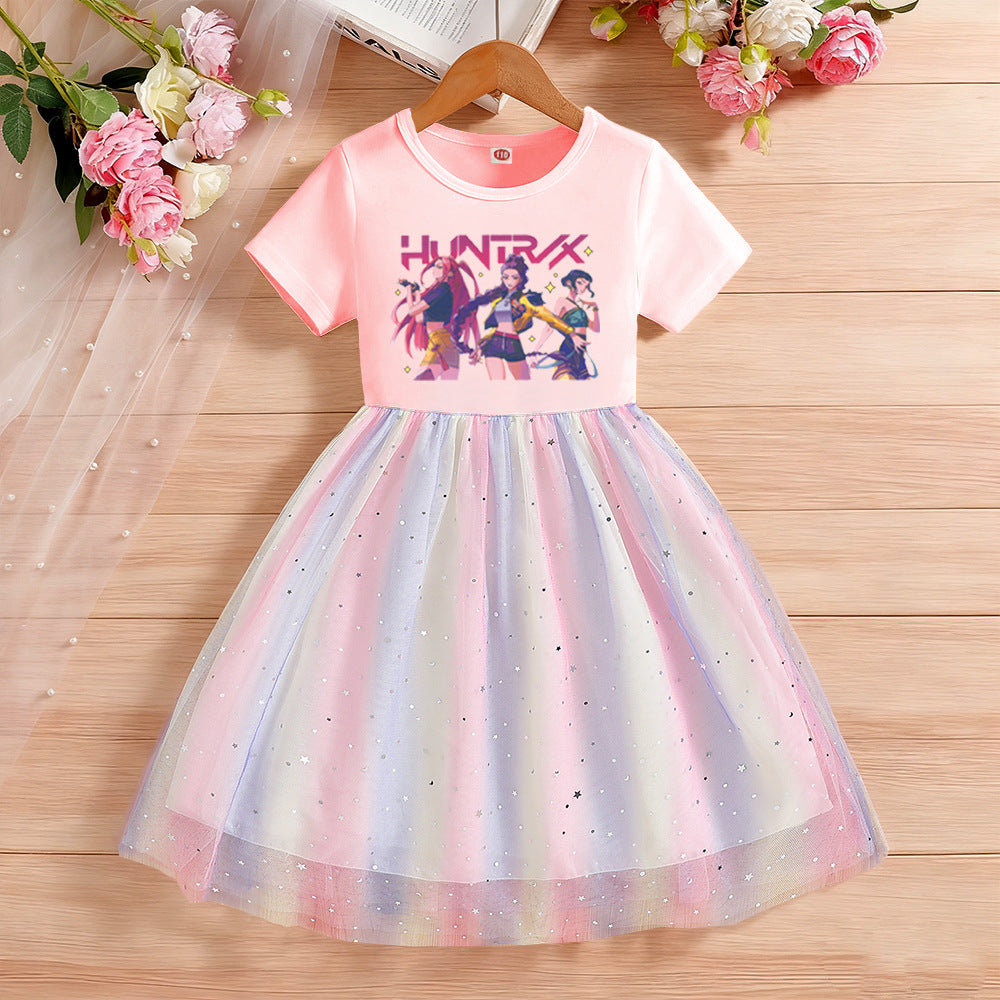 Children's Short Sleeve Clothing Gauze Rainbow Princess Skirt Children's Dress