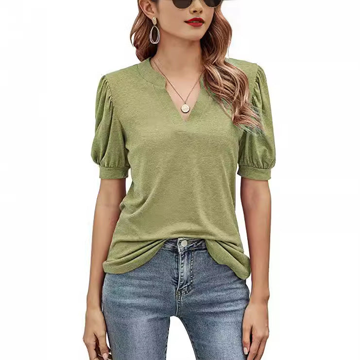 Women's Summer Casual Solid Color Puff Sleeve Tops
