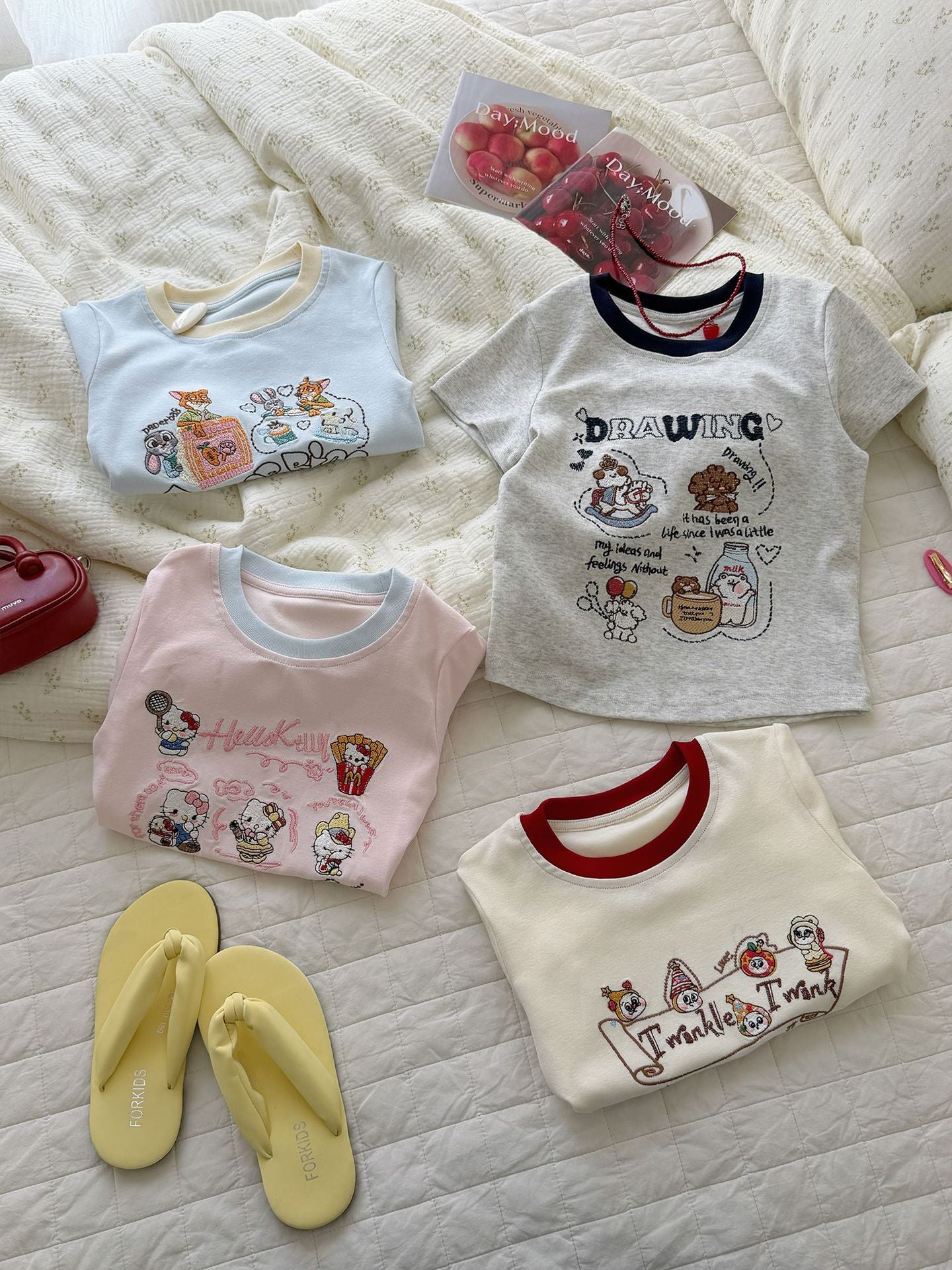 Short-sleeved Summer Cotton Cartoon Embroidered Top Contrast Color Round Neck Children's T-shirt