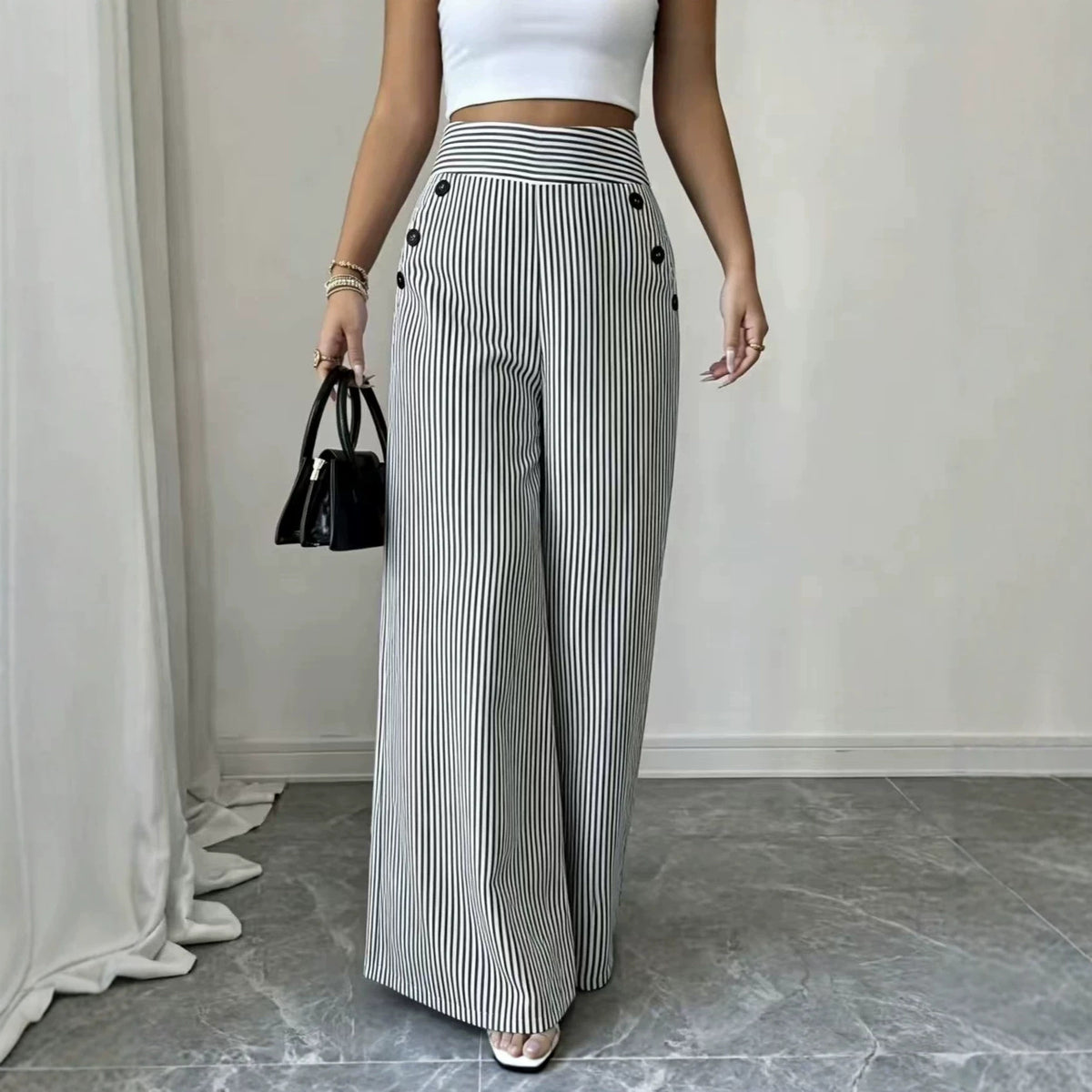 Women's Waist Wide Leg With Vertical Stripes Thin Casual Pants