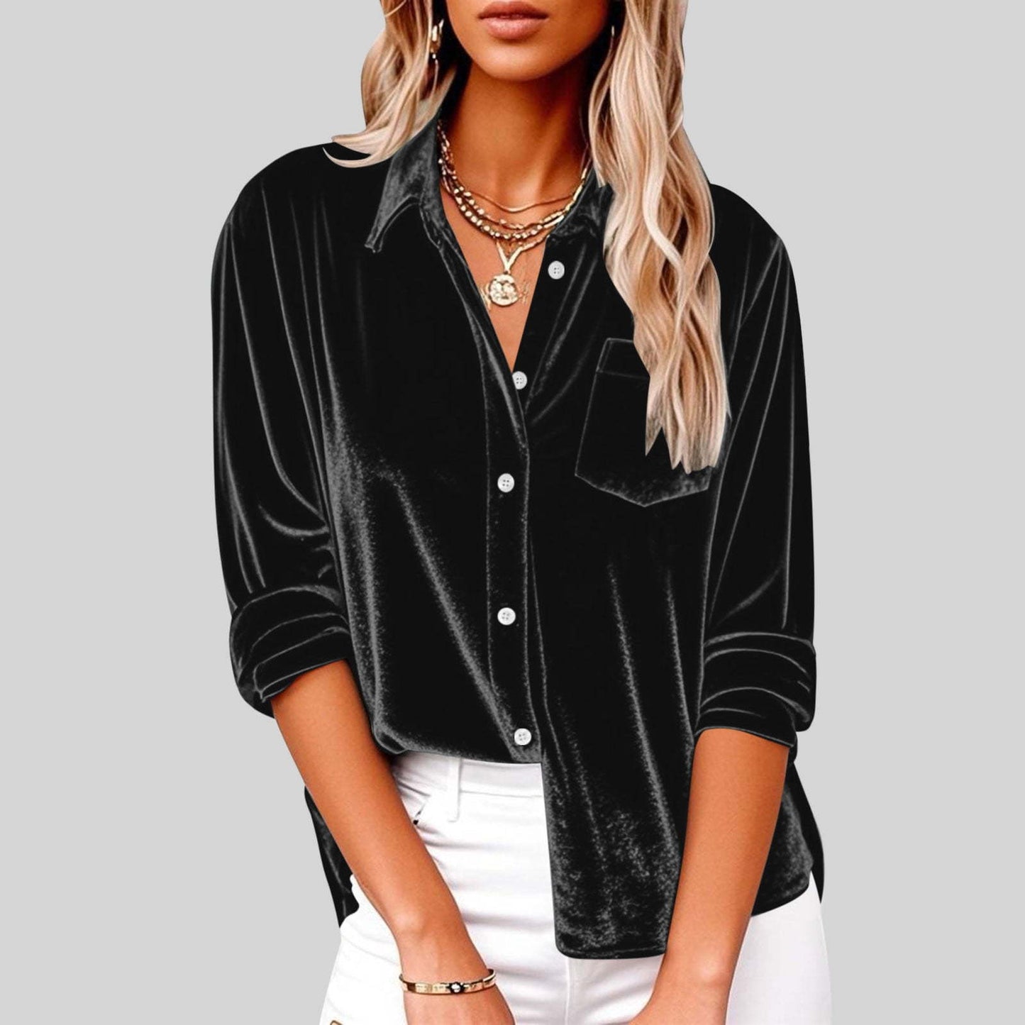 Women's Fashion Casual Long Sleeve Lapel Gold Veet Loose With Blouse
