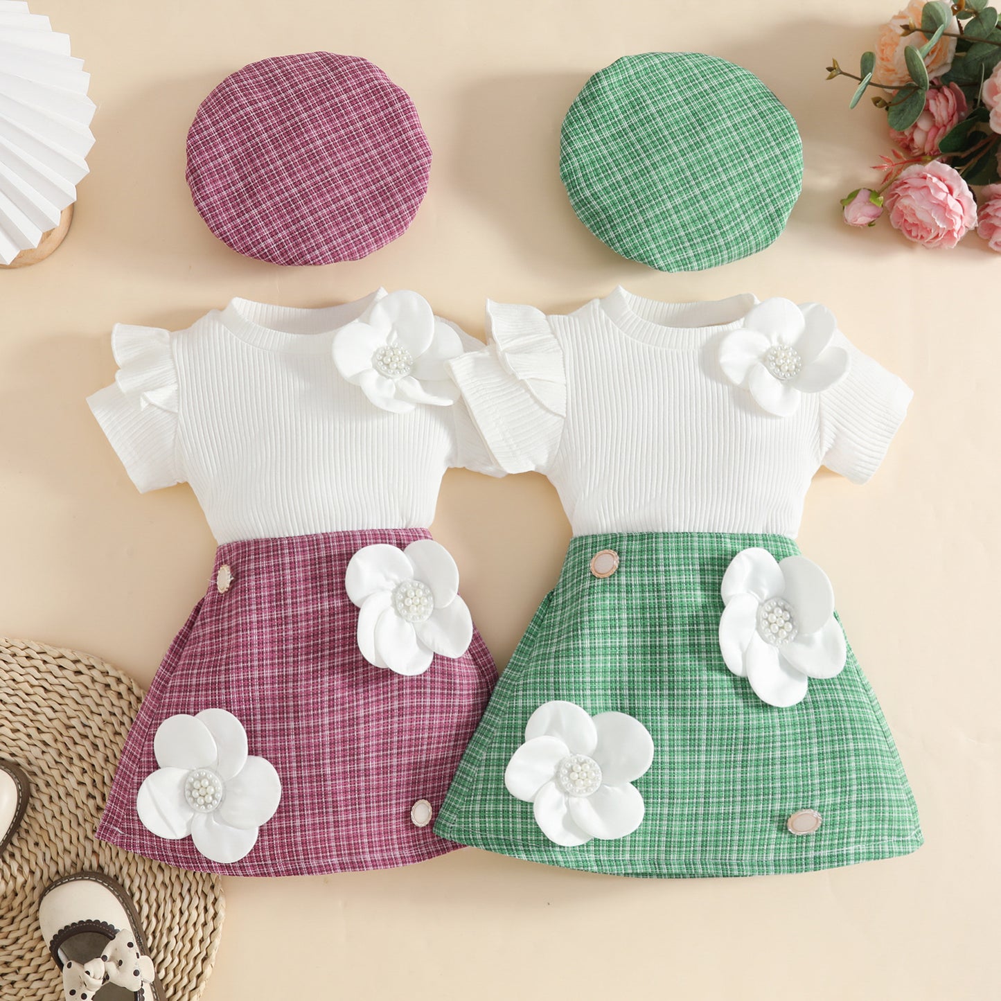 Summer Short Sleeve Skirt Beret Sunken Stripe Short-sleeved Children's Suit