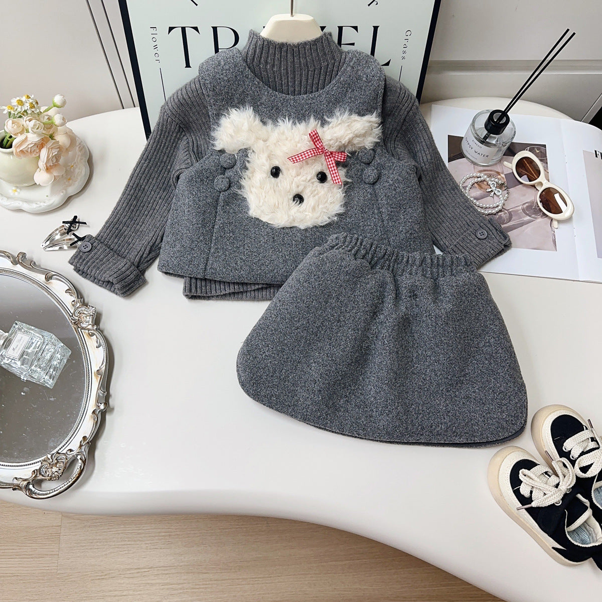 Women's Scrawl Puppy Vest Winter Plus Fluffy Skirt Children's Suit