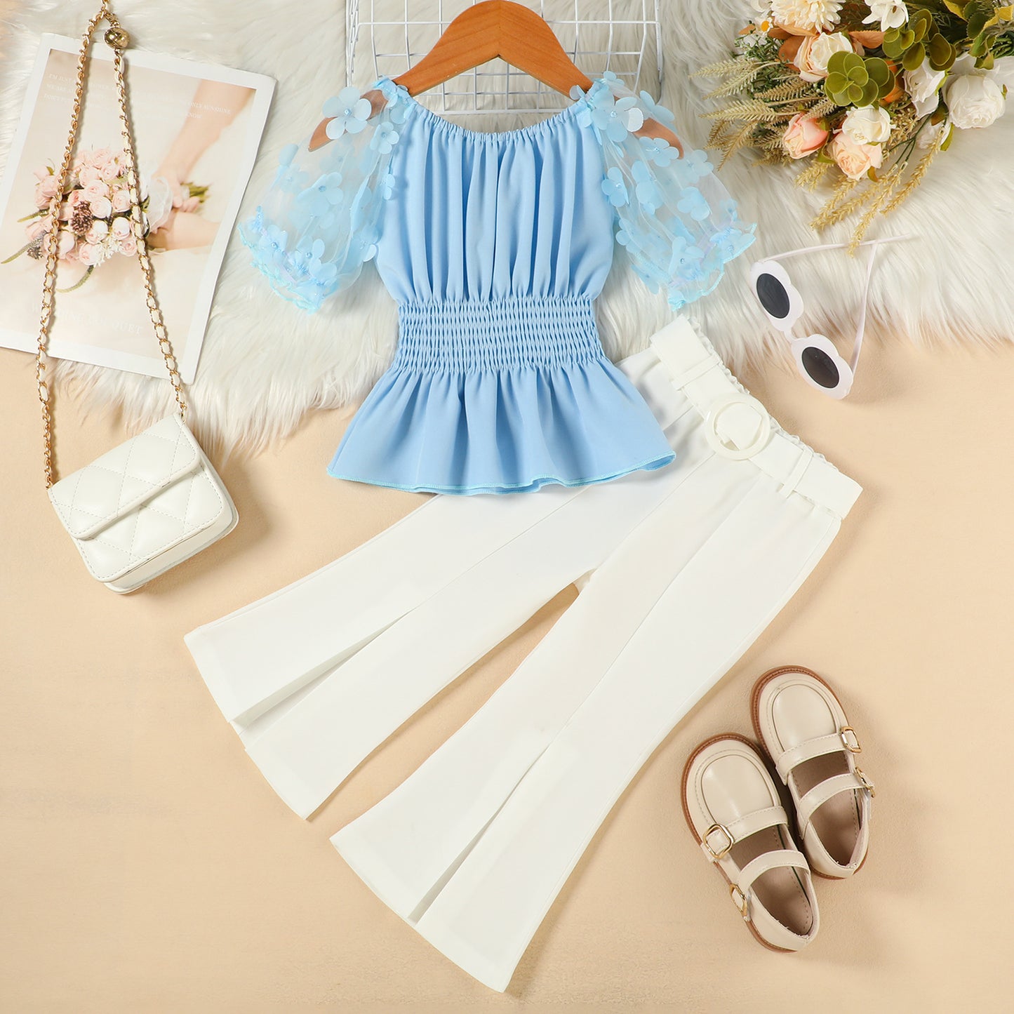 Mesh Puff Sleeve Smocking Top Solid Color Flared Pants Belt Children's Suit