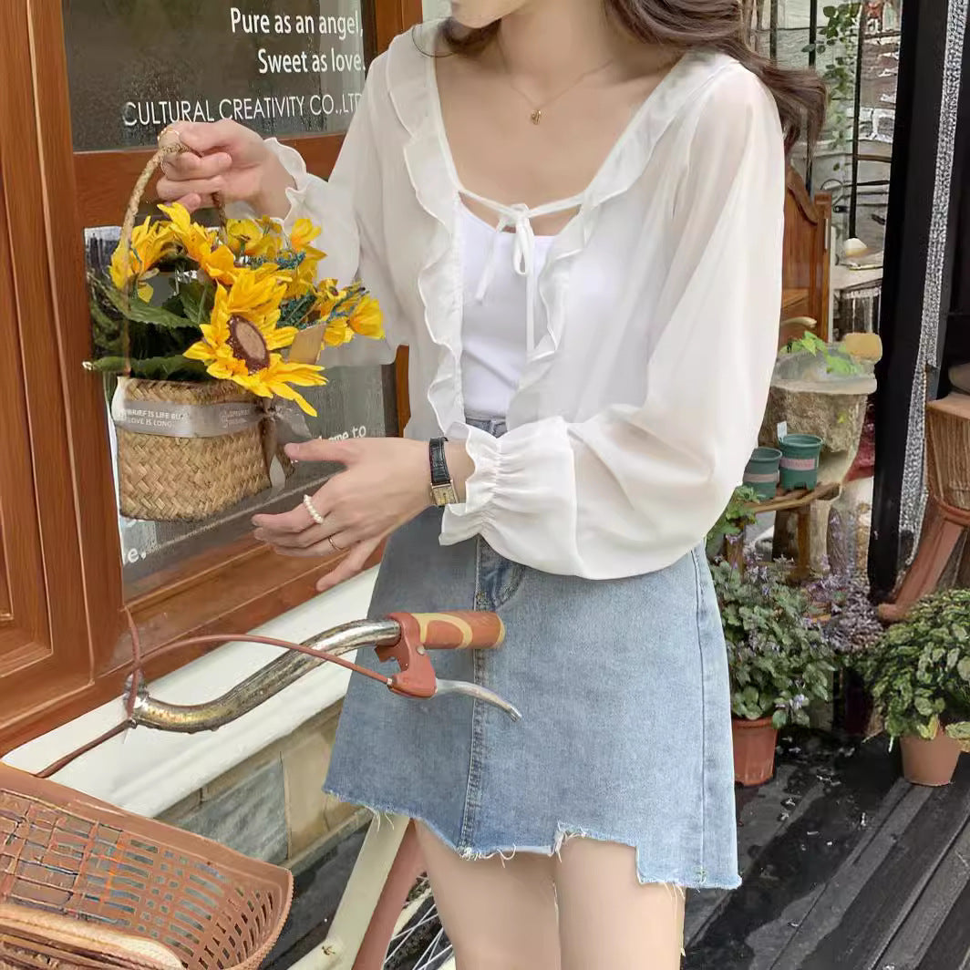 Women's Shawl Outer Match Summer Thin Long Sleeve Lace Shirt, Chiffon Shirt