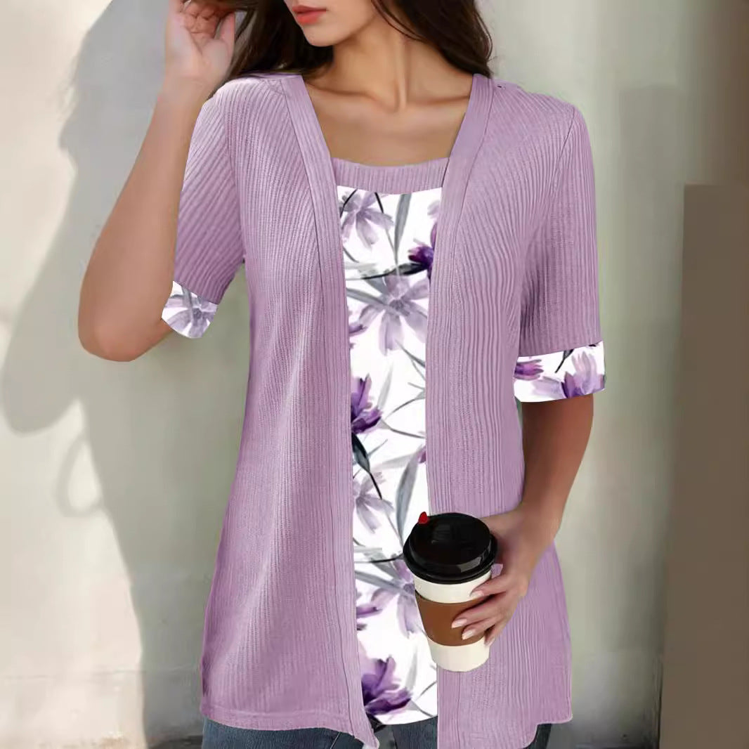 Women's Summer Fake Two Short-sleeved Printed Stitching Women's T-shirt