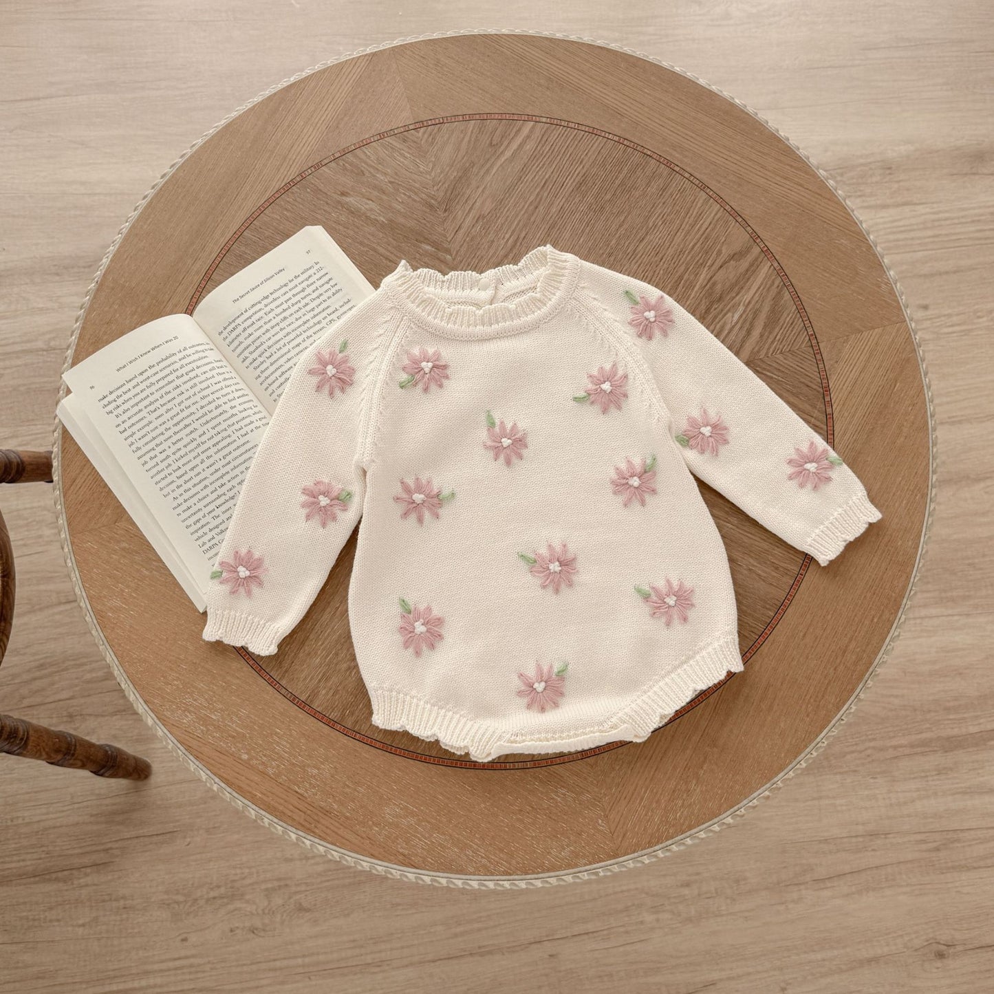 Knitted One-piece Romper Cotton Handmade Embroidery Daisy Jumpsuit, Climbing Suit
