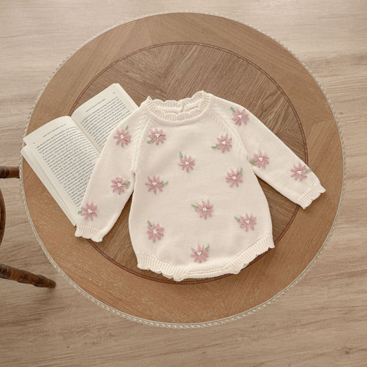 Knitted One-piece Romper Cotton Handmade Embroidery Daisy Jumpsuit, Climbing Suit