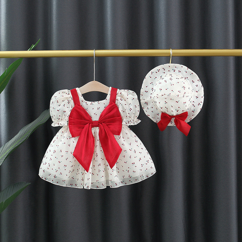 Cherry Princess Puff Sleeve Bow With Sun Children's Dress