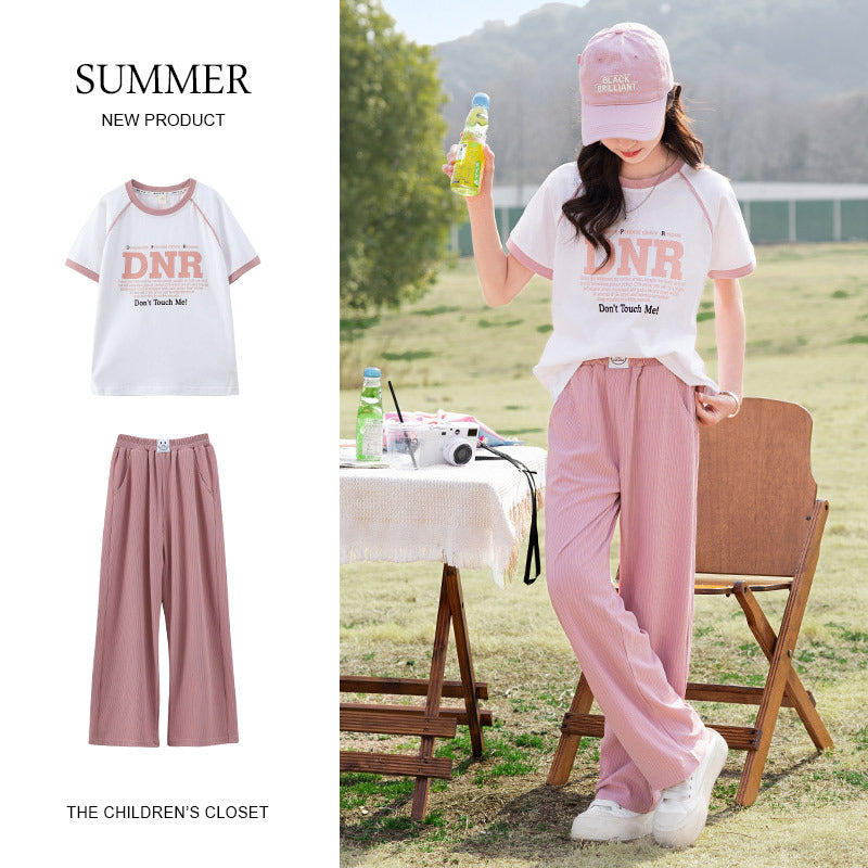 Children's Medium Large Casual Knitted Short Sleeve Trousers Children's Suit