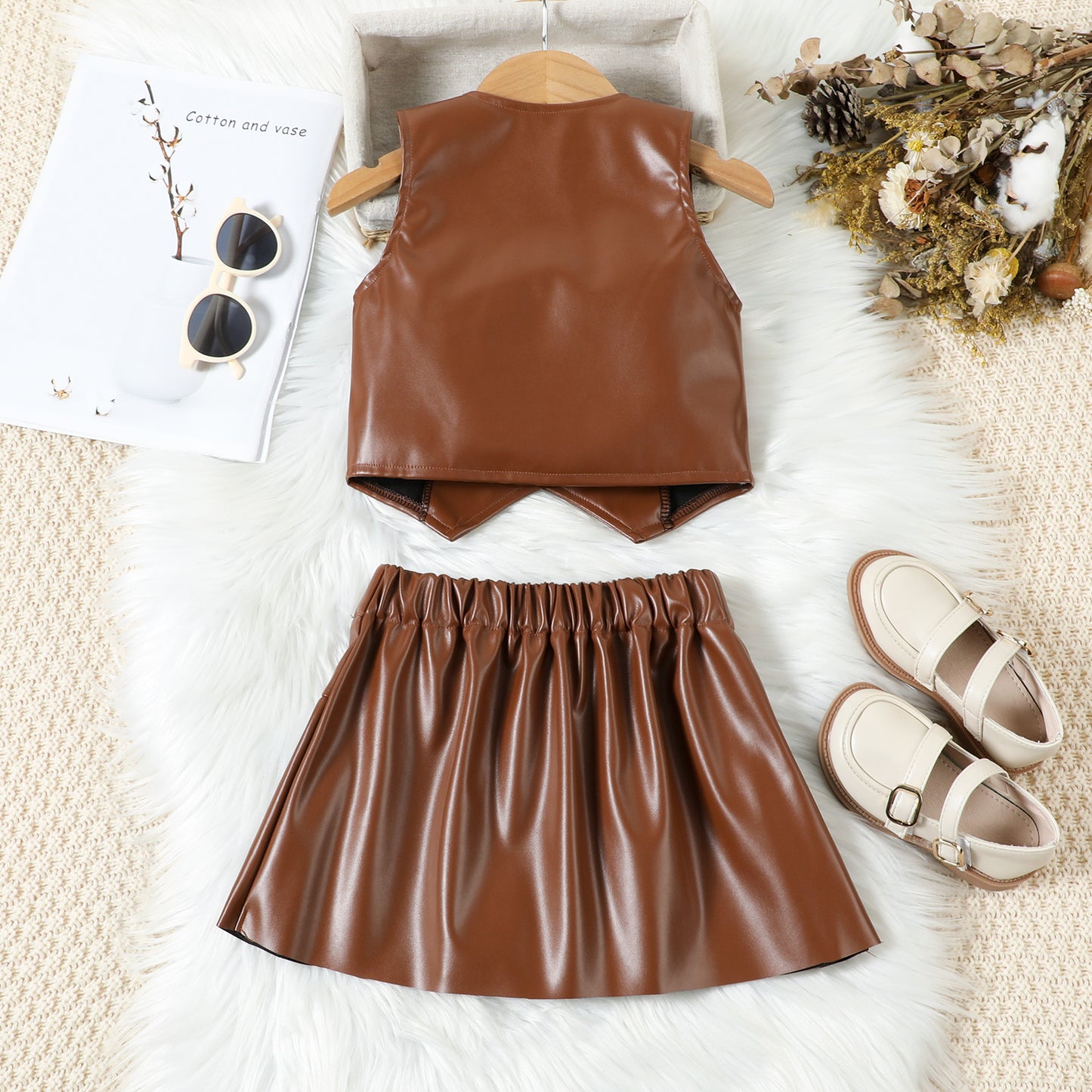 Fashionable Leather Single-breasted Vest Top Pleated Children's Suit