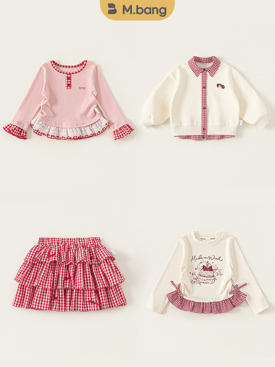 Children's Sleeve Plaid Elements Sisters Outfit Stitching Lace Children's T-shirt