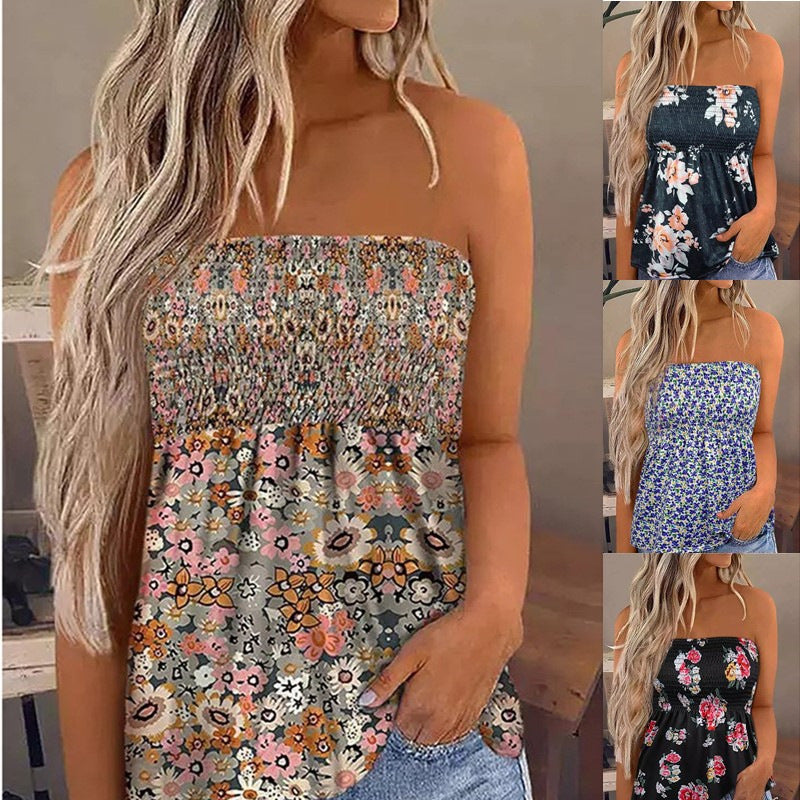 Women's Sleeveless Flower Printed Sexy Strapless Tube Pleated Slim Fit Skinny Small Vest/suspenders/tube Top