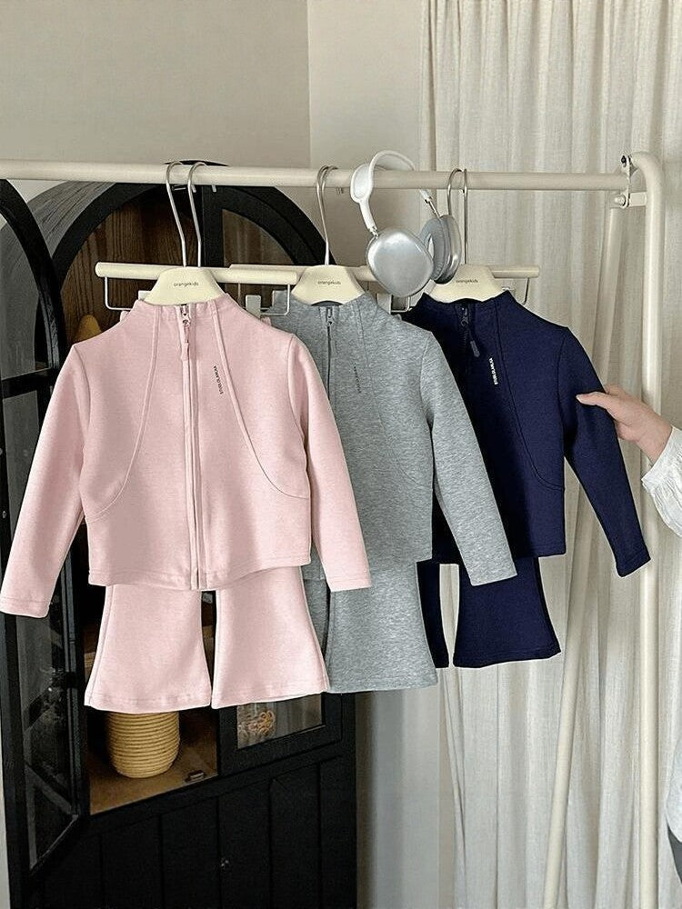 Children's Style Sweater Zipper Coat Bell-bottom Pants Stand Collar Two-piece Children's Suit