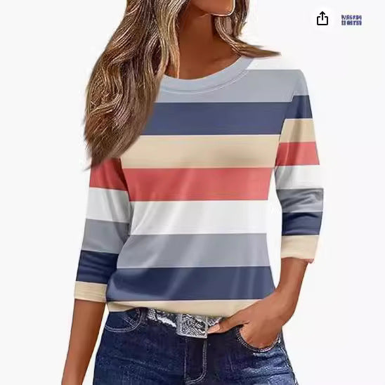 Women's Printed Solid Color Three-quarter Length Sleeve Long Women's T-shirt