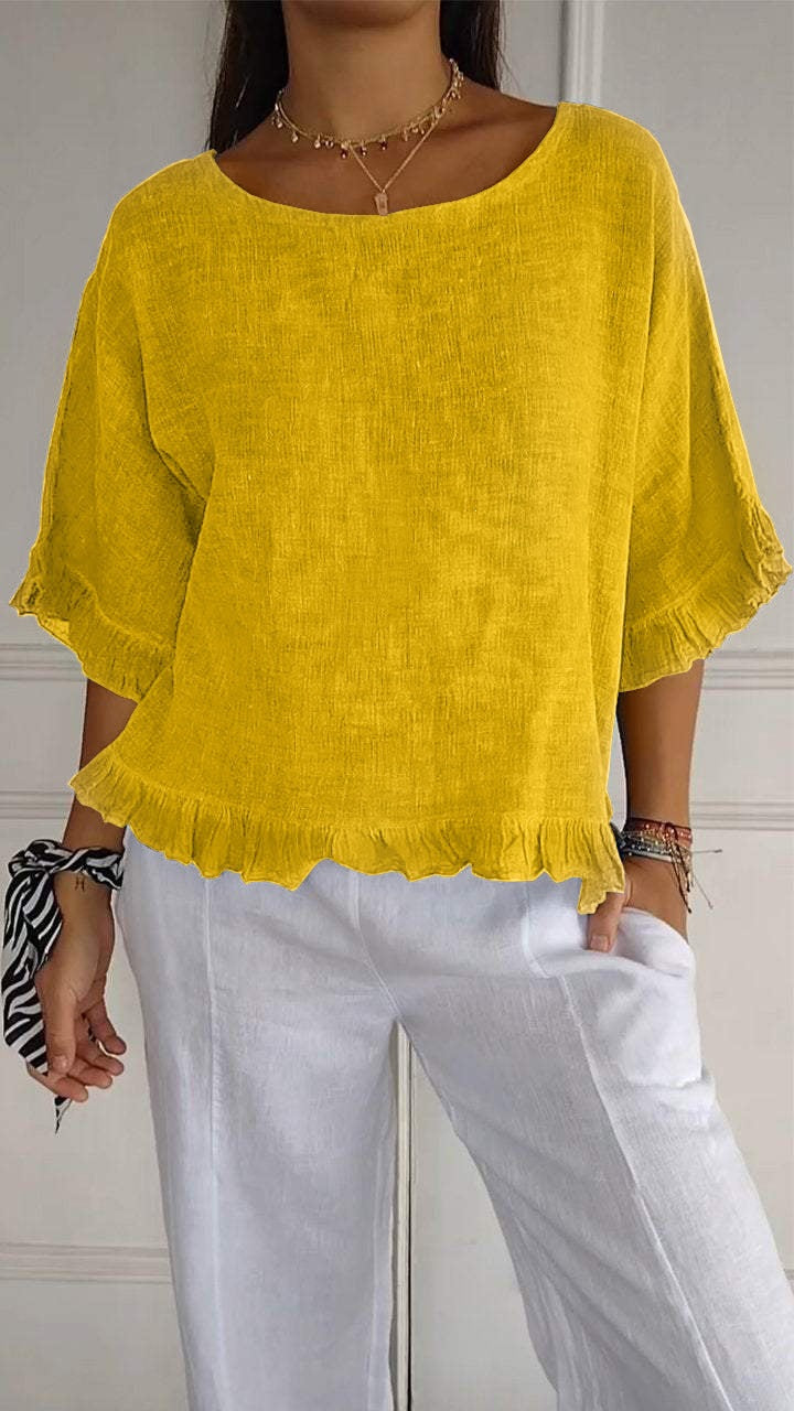 Women's Sleeve Stringy Seedge Round Neck Cotton Linen Solid Color Loose Shorts