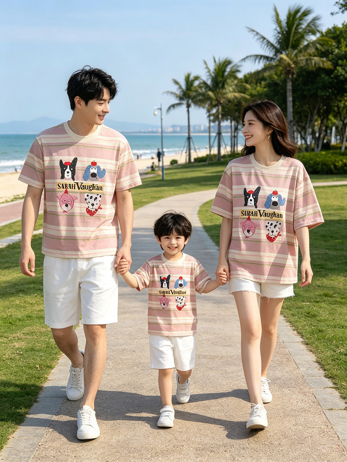 Cartoon Puppy Short Sleeve Family Four Seaside Vacation Loose Western Parent-child Outfit