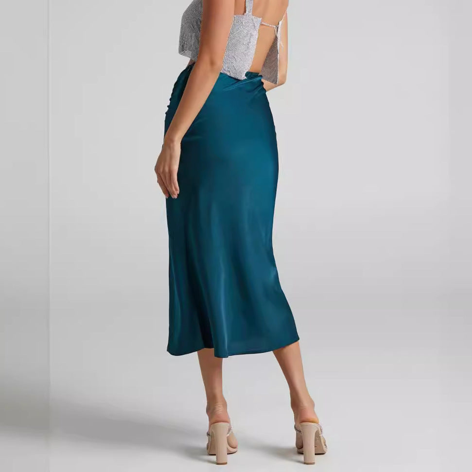 Women's Satin Pleating Zipper Long Sexy High Skirt