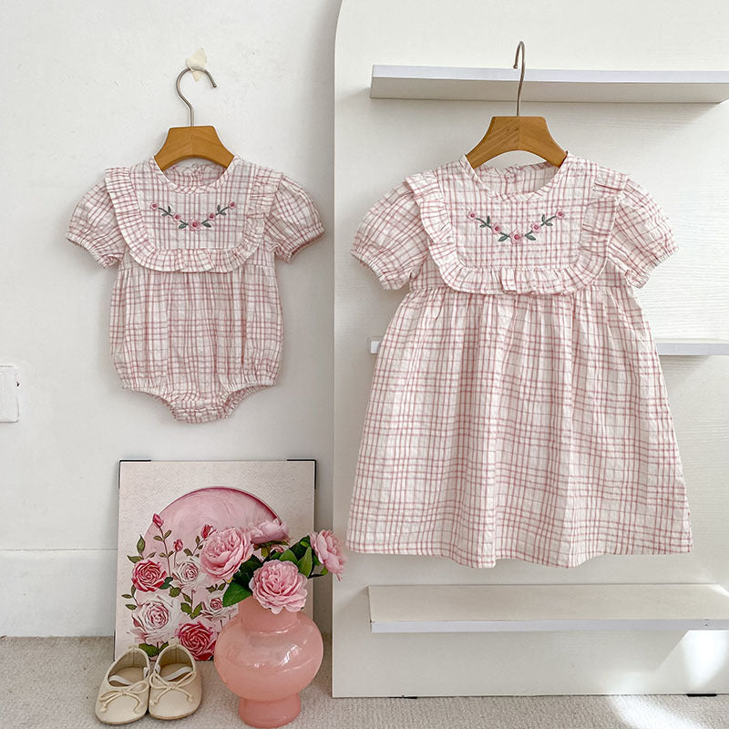 Short Sleeve Plaid Rompers Romper Sisters Children's Dress