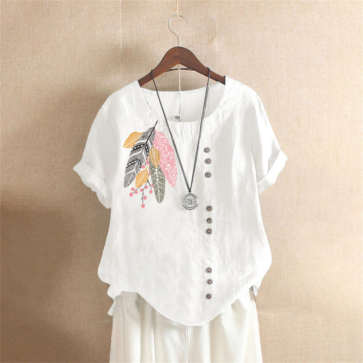Women's Summer Retro Large Casual Loose Cotton Linen Sleeve Women's T-shirt