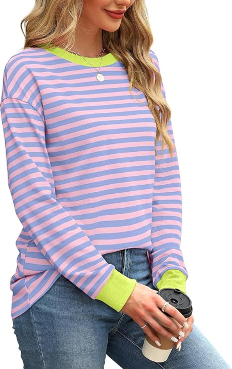 Women's Fashion Color Contrast Loose Round Neck Women's T-shirt