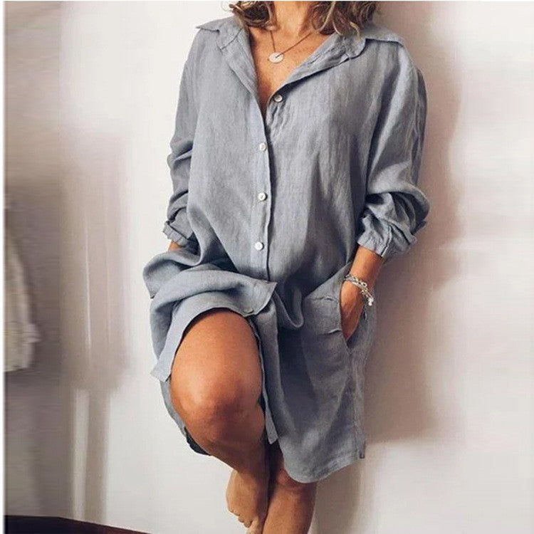 Women's Mid-length Long Sleeve Solid Color Single-breasted Blouse