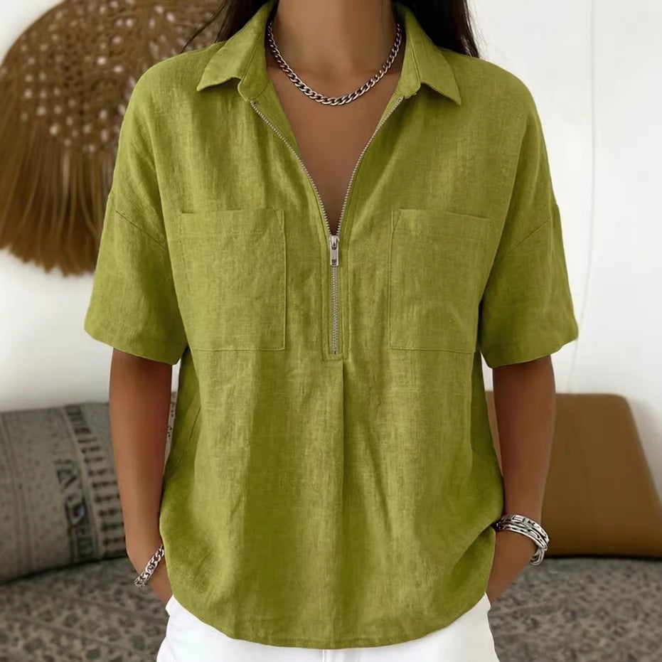 Loose Lapels Solid Color Sleeve Casual Shirt Zipper Patch Blouse