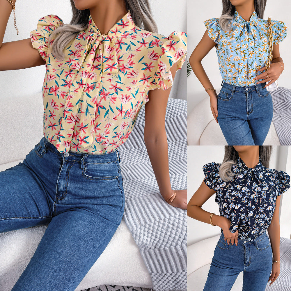 Women's Casual Floral Stringy Seedge Bow Lace Shirt, Chiffon Shirt
