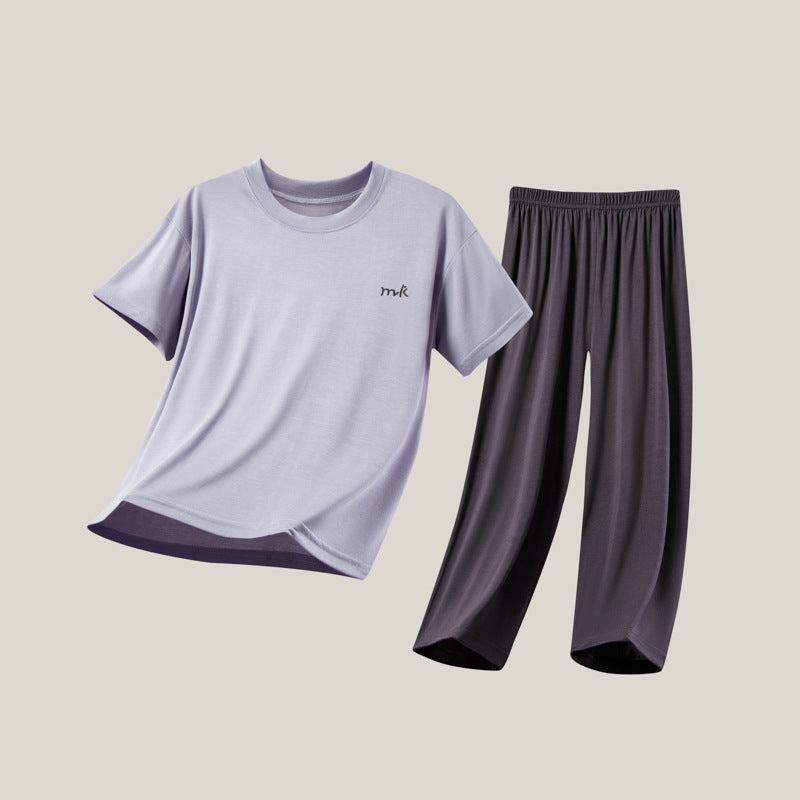 Neck Medium Large Boys Elastic Short-sleeved Trousers Pajamas Two-piece Children's Suit