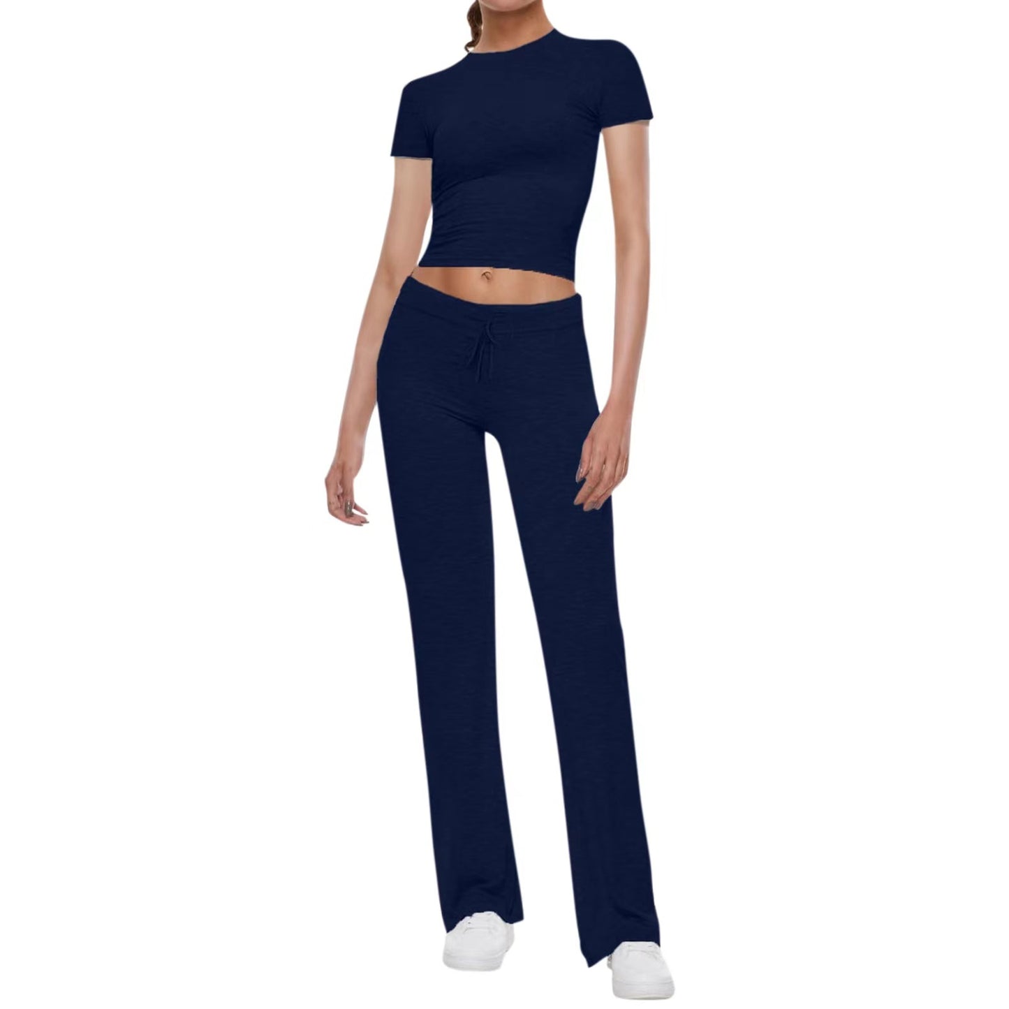 American Basic Solid Color T-shirt Flanging Waist Head Sleeve Hot Fashion Casual Suit