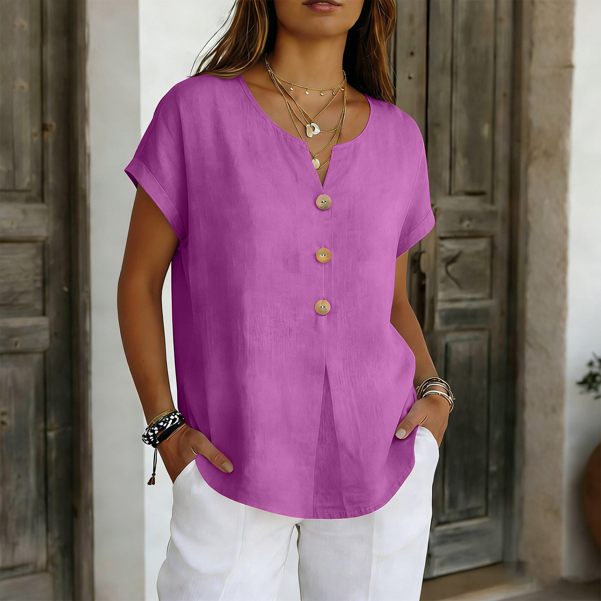 Women's Summer Solid Color Fashion Sleeve Button Cotton Linen Women's T-shirt