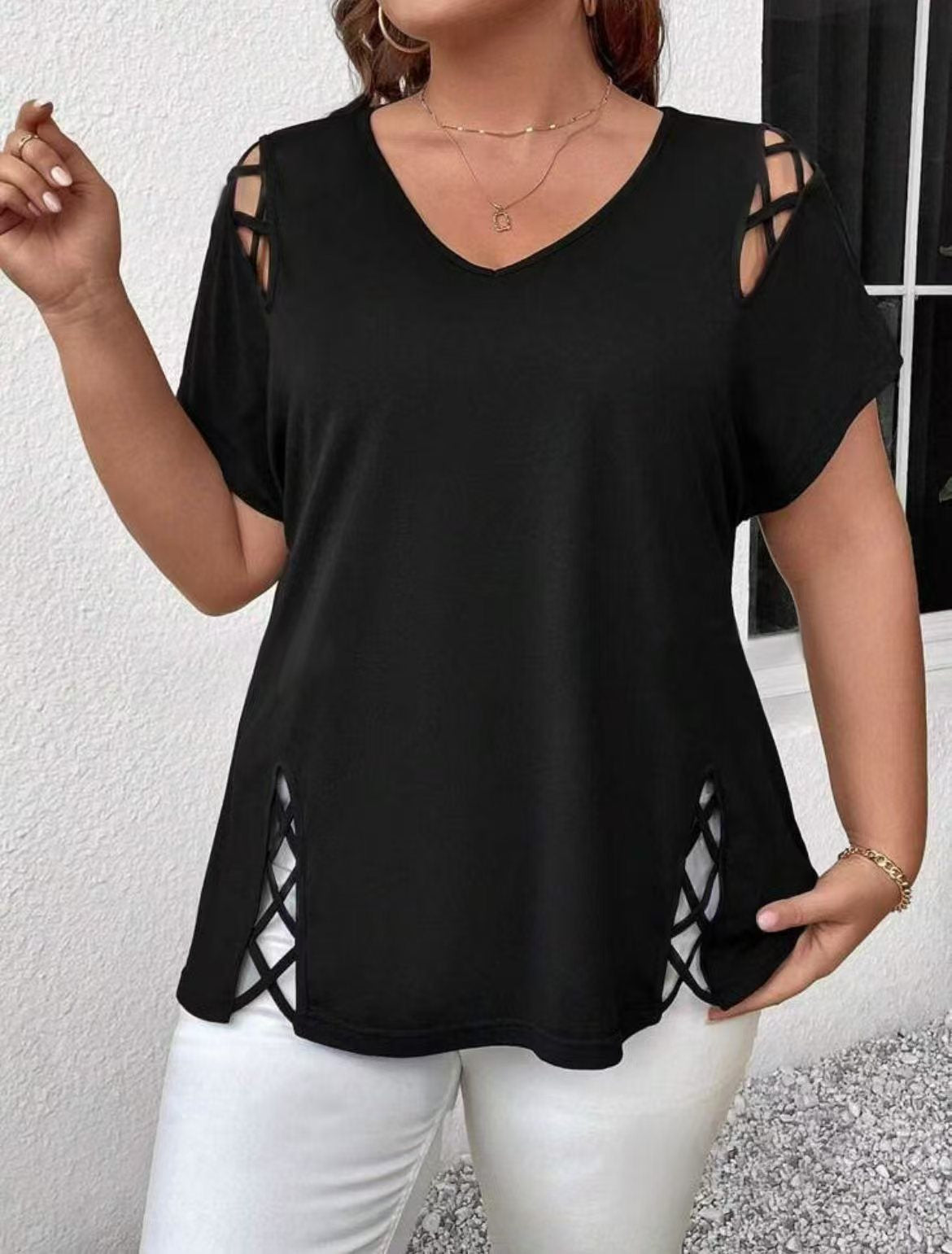 Women's Summer Solid Color Cross Sleeve Slimming Large Size T-shirt