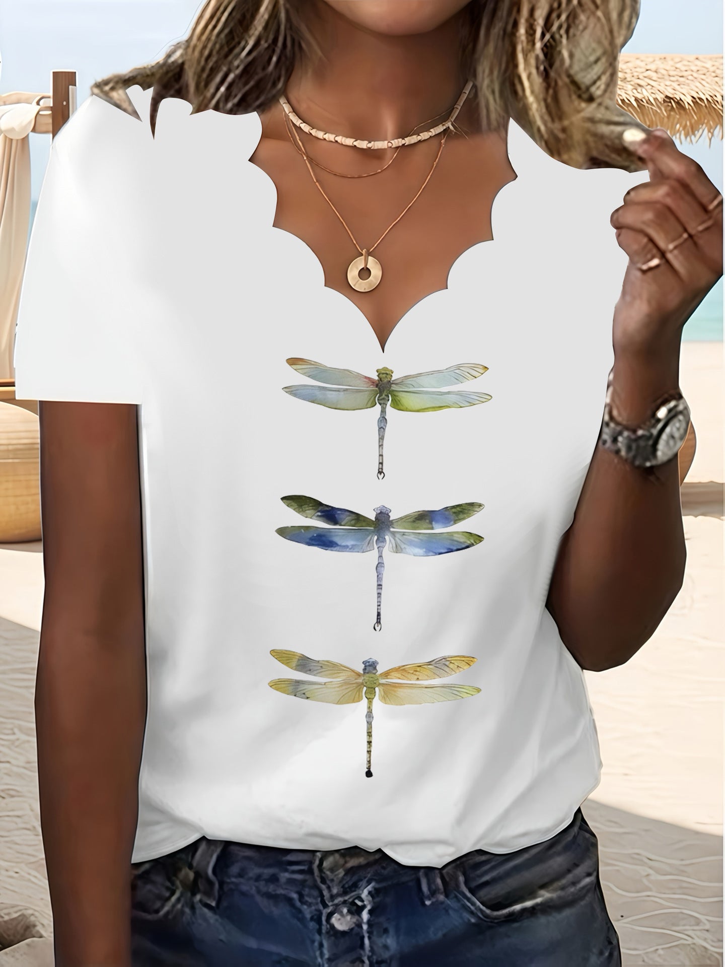 Slouchy Women's Summer Floral Wave Sleeve Large Size T-shirt