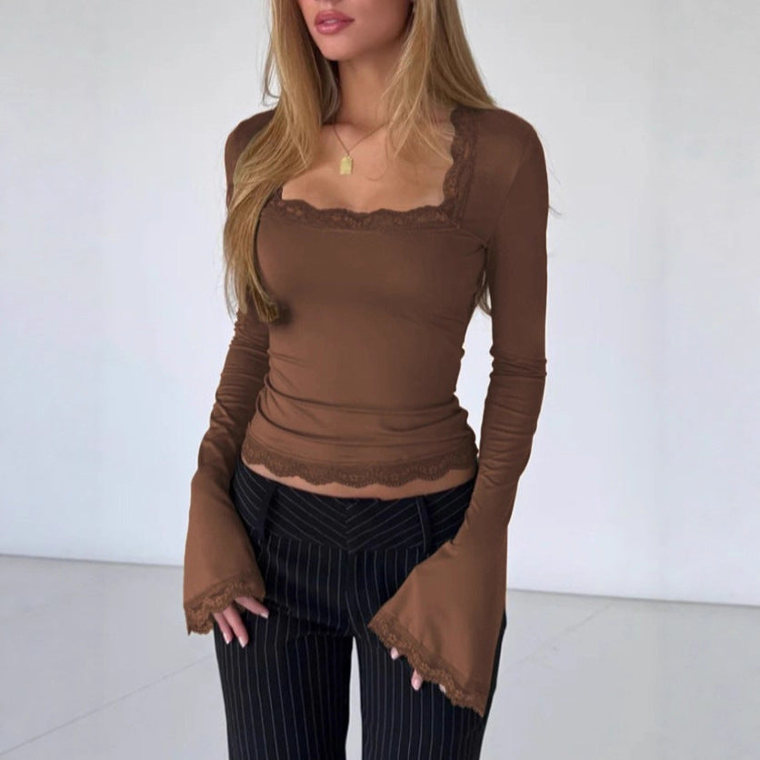 Sexy Long Sleeve Rib Fashion Chest Lace Shirt, Chiffon Shirt