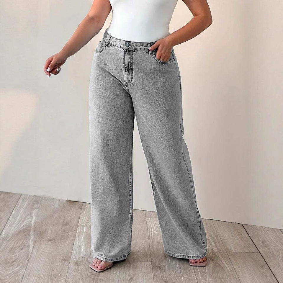 Women's Ripped Washed High Waist Straight Slimming Denim Trousers Jeans