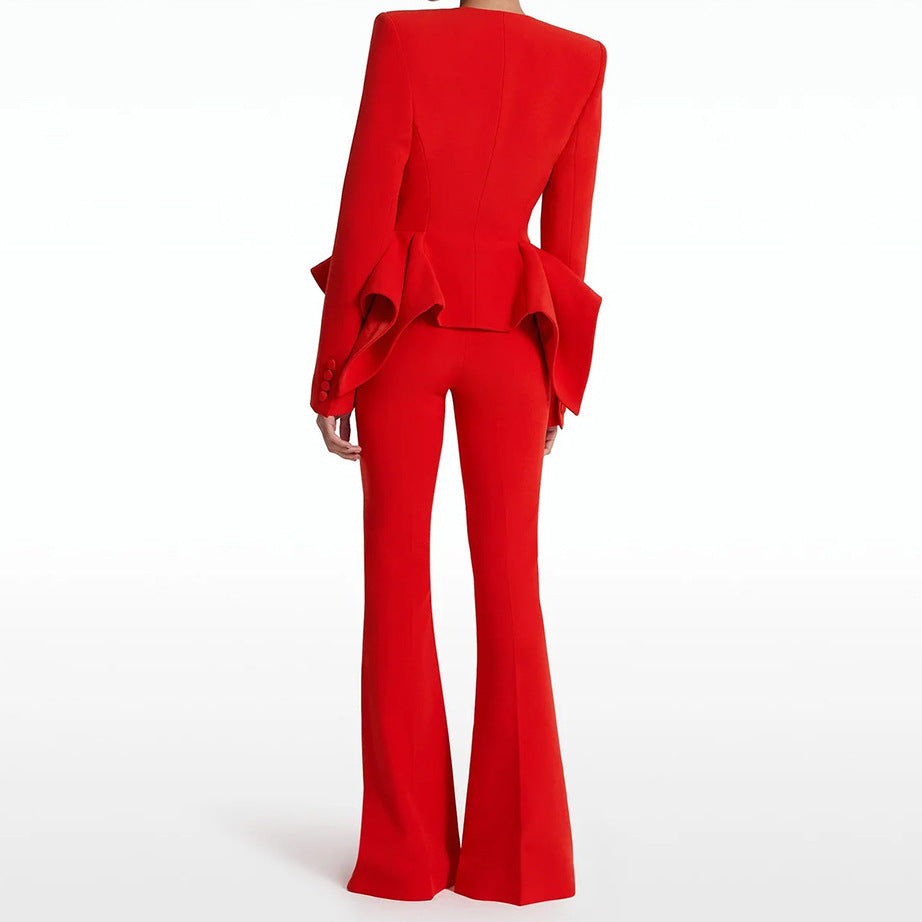 Stylish Designer Ruffle Slim Two-piece Set Fashion Casual Suit
