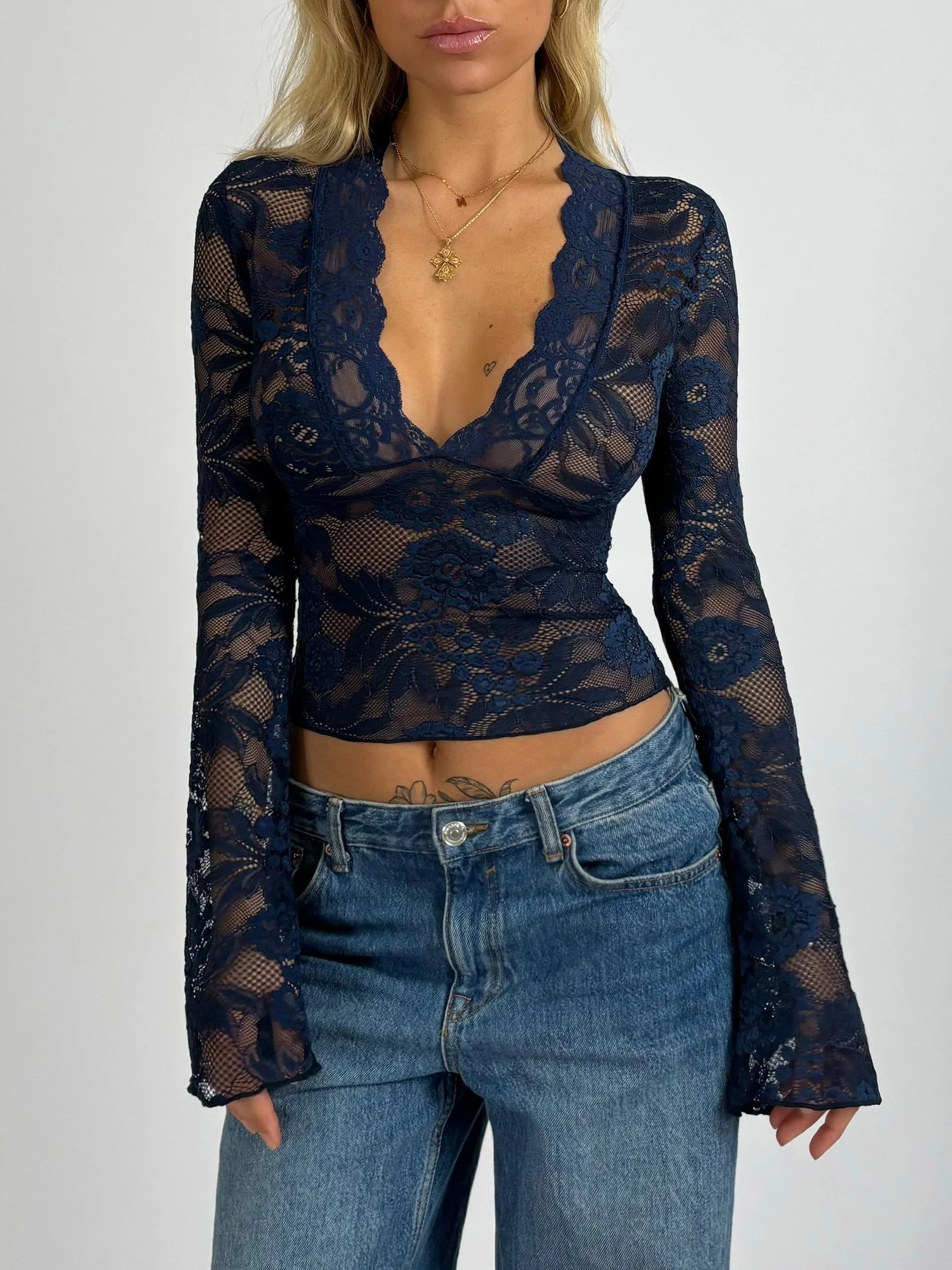 Women's Pure Hot Sexy Deep V Slim Fit Long Sleeve Tops