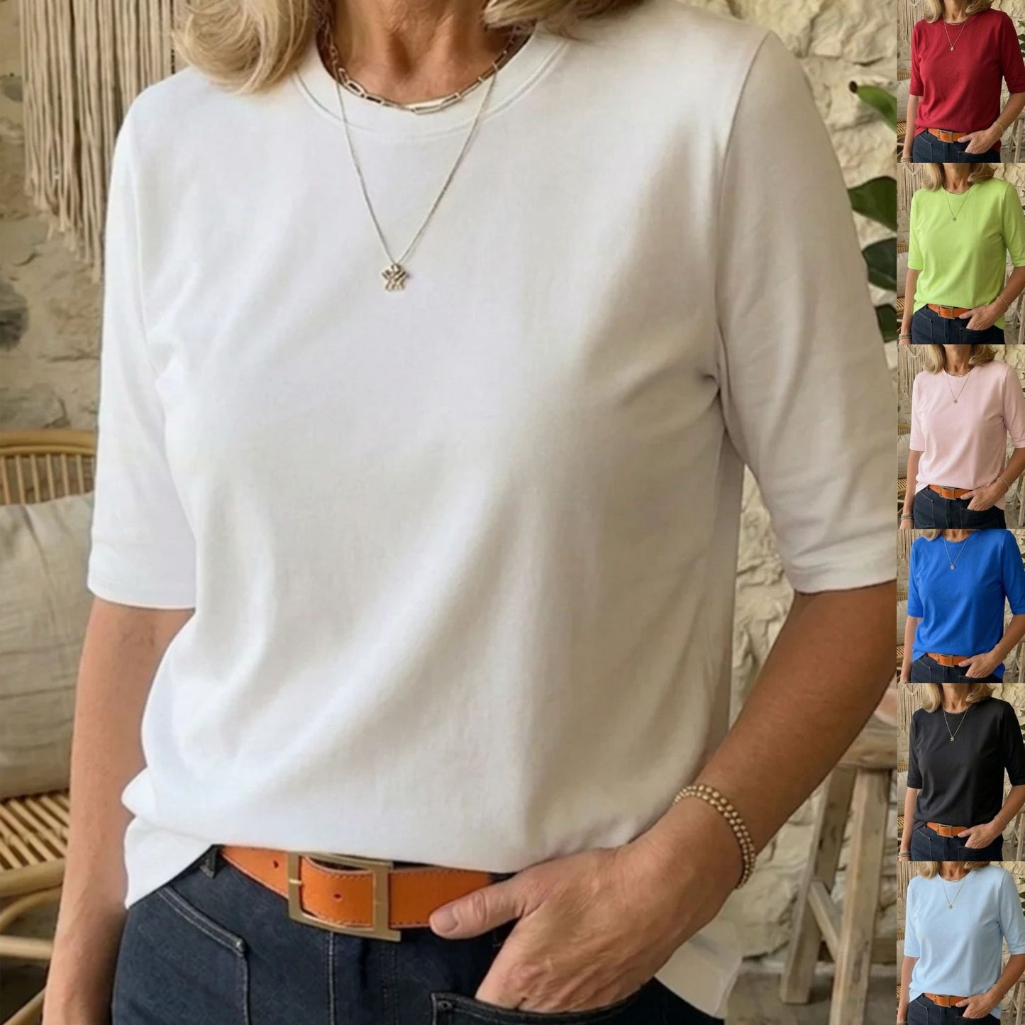 Women's Casual Round Neck Shoulder Half Sleeve Women's T-shirt
