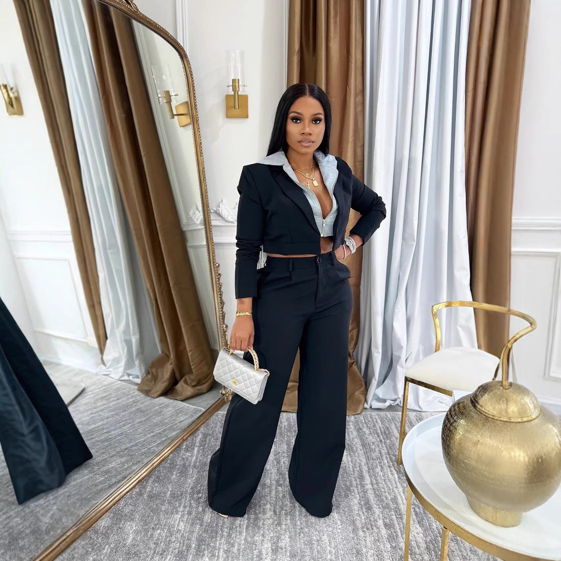 Women's Stitching Fake Two-piece Hooded Trousers Set Fashion Casual Suit