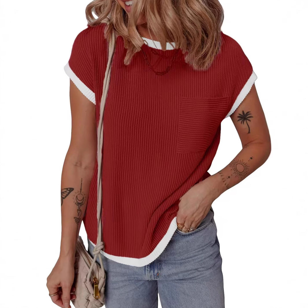 Women's Round Neck Knitted In Contrast Color Casual Twist Women's T-shirt