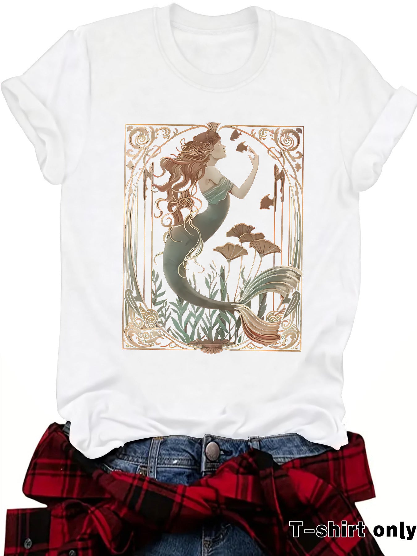 Women's Casual Feminist Mermaid Pattern Summer Round Neck Women's T-shirt