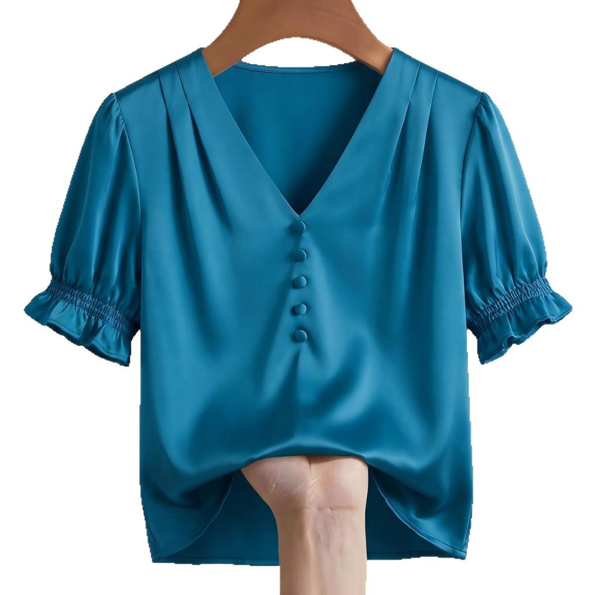 Women's Satin Puff Sleeve Shirt Mushroom Buckle Shorts