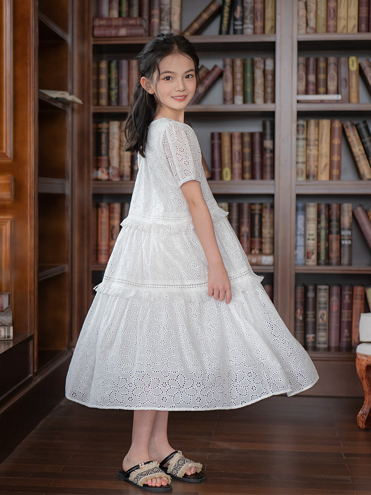 Hollow Embroidered White Cotton Summer Medium Children's Dress