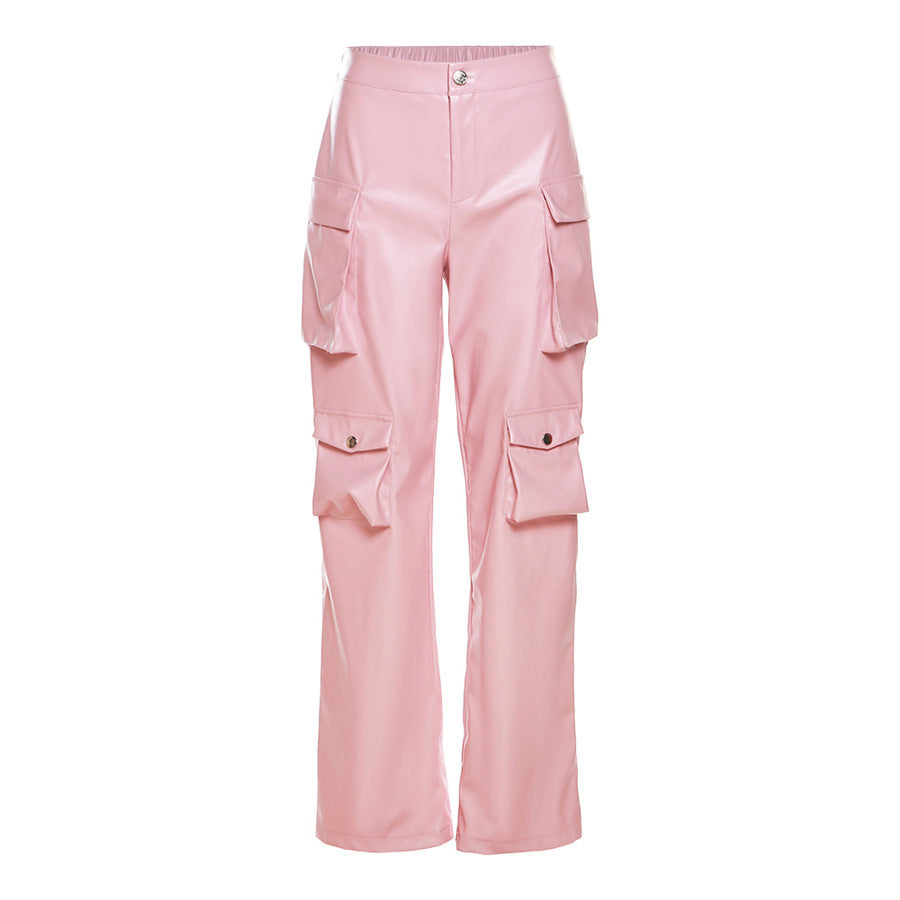 Women's Faux Leather Pocket High Waist Loose Clothing