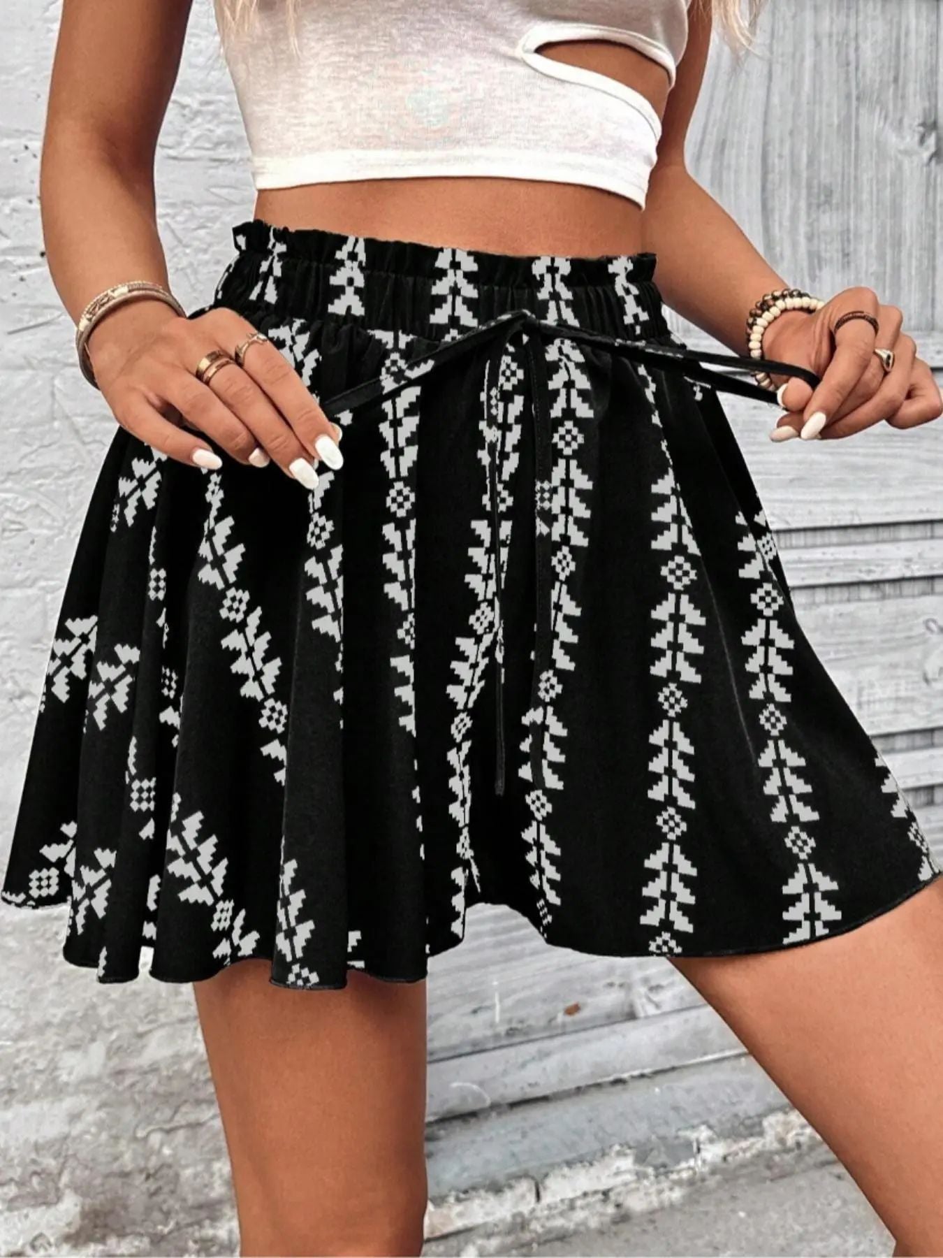 Women's High Waist A- Line Printed Lace Up Casual Slimming Skirt