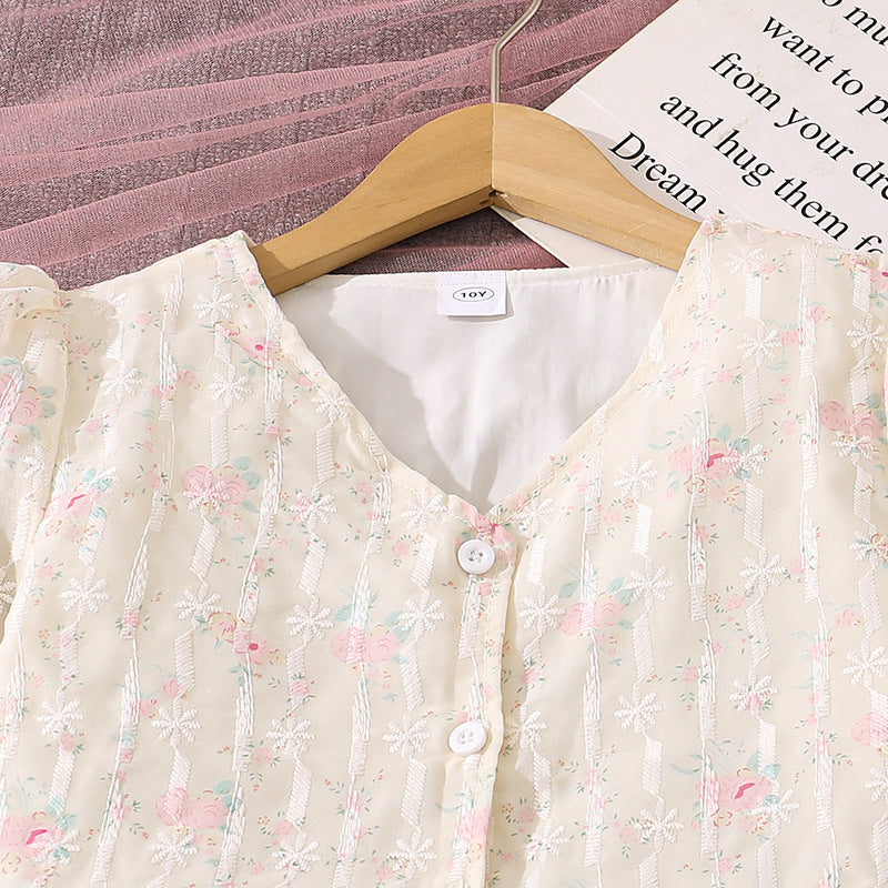 Children's Clothing Spring Fashion Sweet Temperament Lace Crocheted Long Sleeve Top Children's Suit