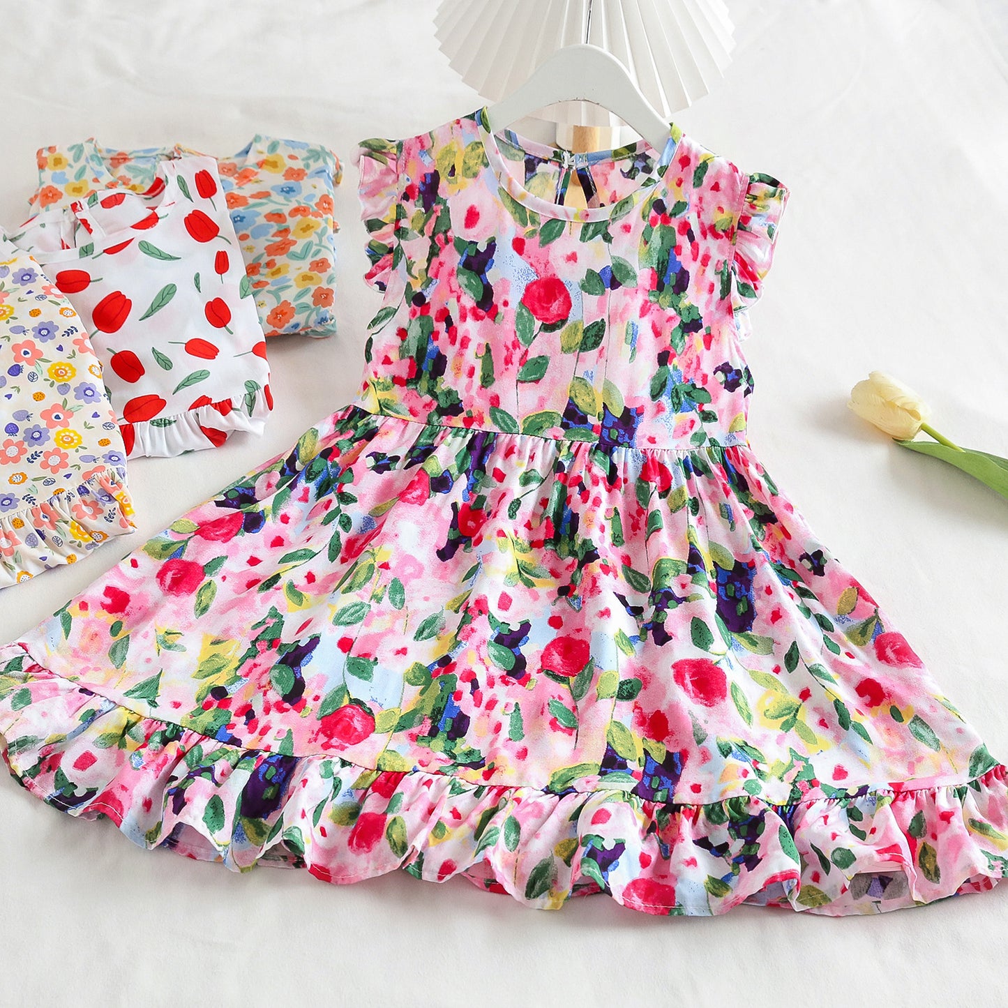 Fresh Flounced Sleeve Floral Cotton Summer Thin Cool Children's Dress